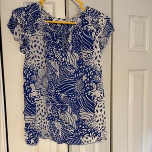 Rose & Olive Blue and White Leaf Print Blouse